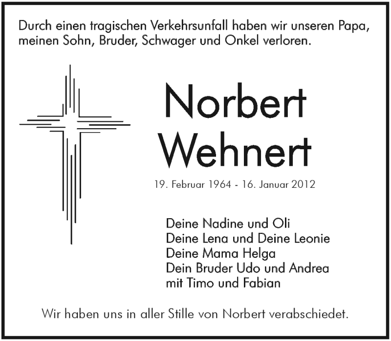  Traueranzeige für Norbert Wehnert vom 25.01.2012 aus Pegnitz-Zeitung
